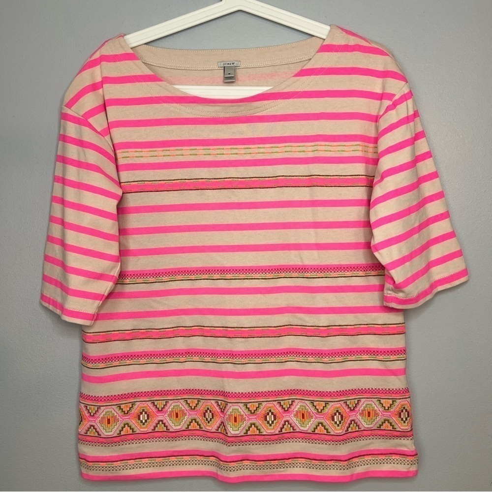 J Crew Stitchwork Striped Embroidered Pullover Cotton Shirt Pink Cream Size M